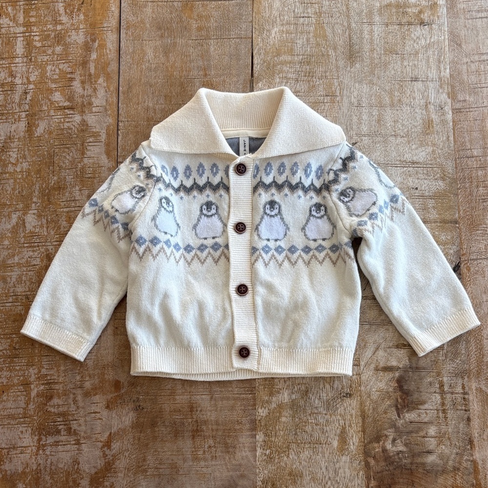 Janie and Jack Baby’s Cream Penguin Cardigan 6-12m